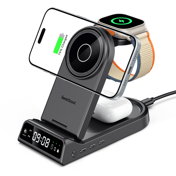 SwanScout 702M is a 3-in-1 magnetic wireless charger compatible with Apple devices, including the iPhone 16e, providing a sleek and efficient charging solution.
