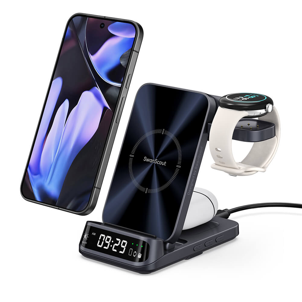 SwanScout 708G2 is a 3-in-1 wireless charger in elegant gray, compatible with Google Pixel Watch 2 and 3, ideal for phone, watch, and earbuds.