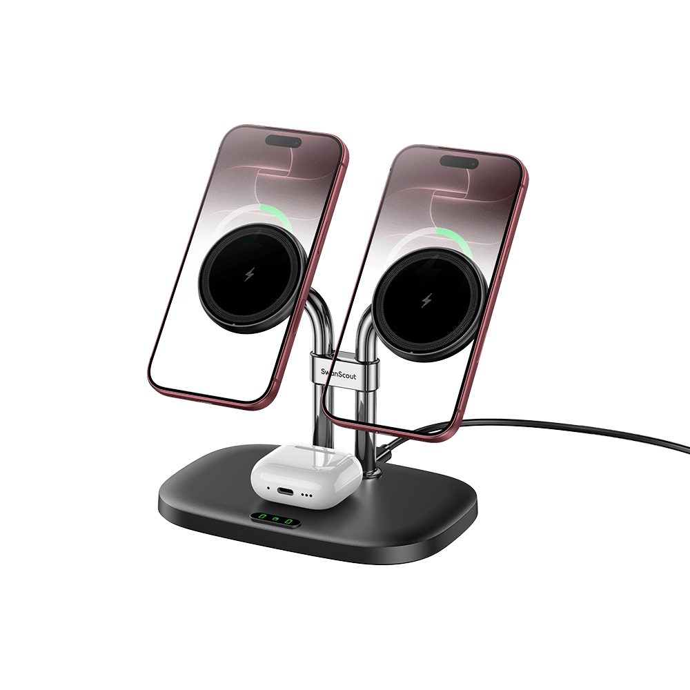 SwanScout 706M - شاحن مغناطيسي مزدوج لهاتف iPhone وقاعدة شحن لاسلكية لـ AirPods