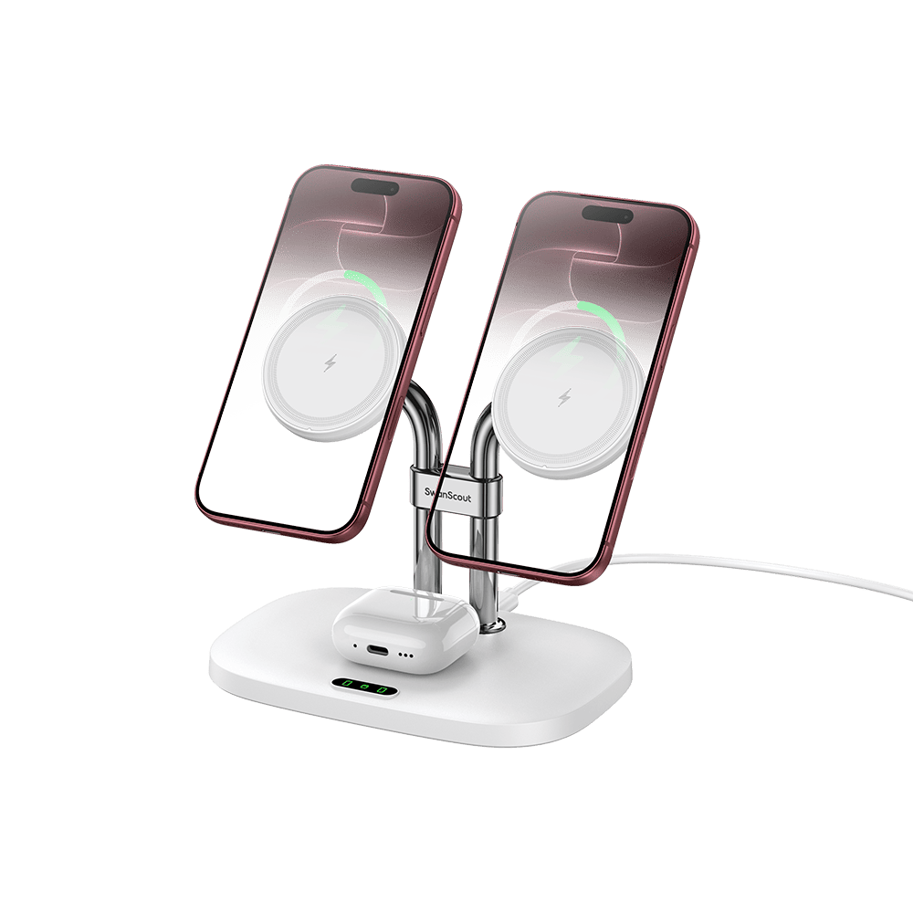 SwanScout 706M - شاحن مغناطيسي مزدوج لهاتف iPhone وقاعدة شحن لاسلكية لـ AirPods