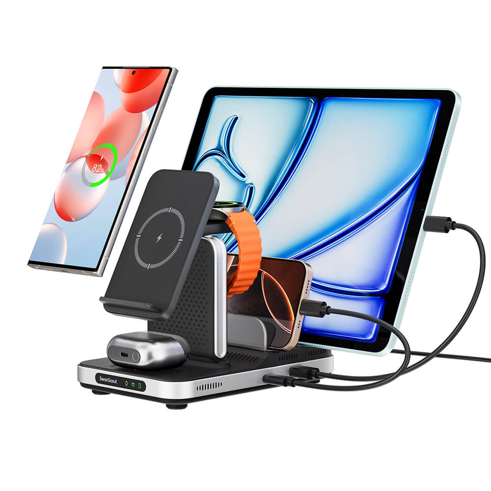 The SwanScout 901S is a 5-in-1 wireless charging station designed specifically for Samsung devices. It offers a comprehensive solution for charging multiple devices simultaneously.