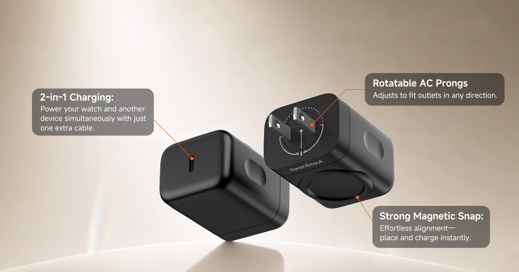 A black magnetic dual-device charger shown floating on a light beige background with three callout text boxes describing features: 2-in-1 charging, rotatable AC prongs, and strong magnetic snap.