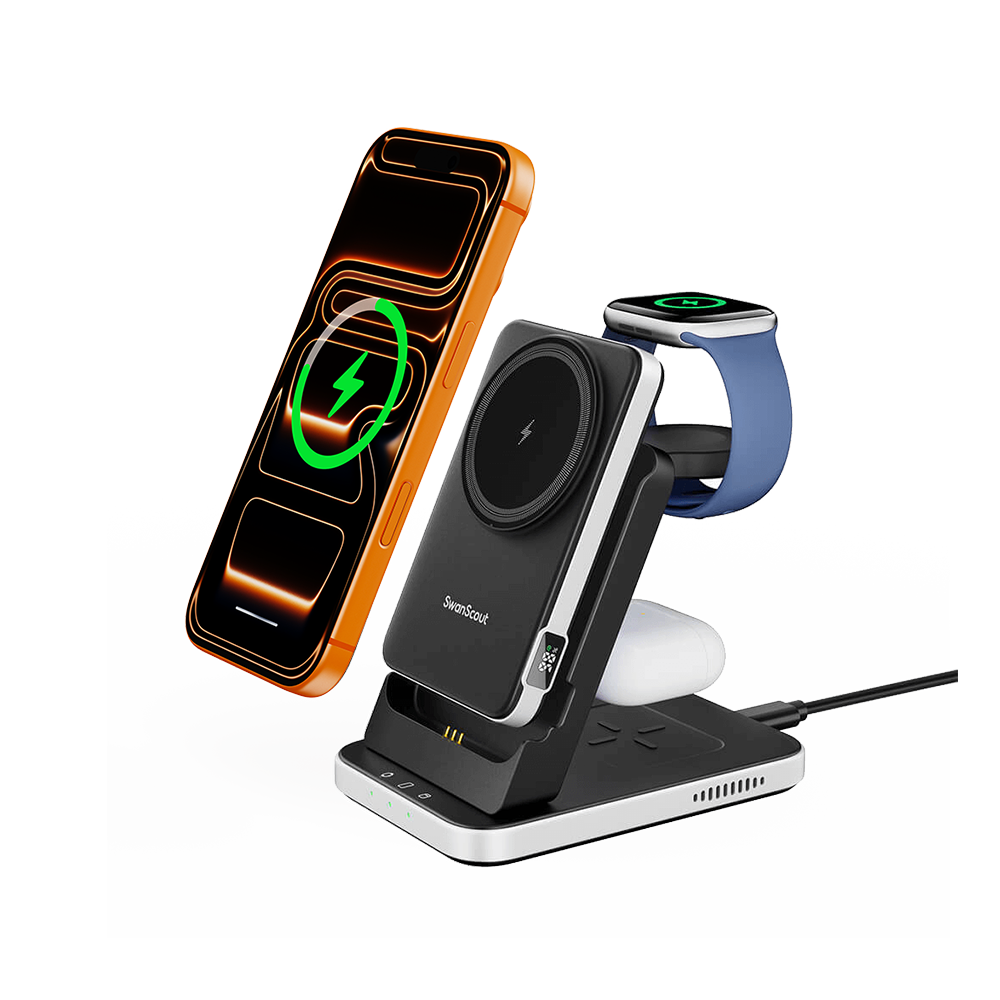 SwanScout 304M 3-in-1 charging station with a detachable 5000mAh MagSafe power bank, powering iPhone 16, Apple Watch, and AirPods simultaneously.