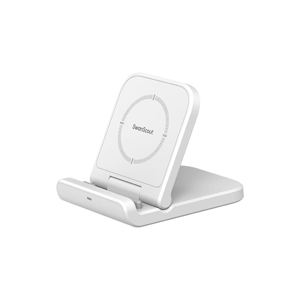 SwanScout 501S white wireless charging stand for Samsung Z Flip series, foldable and travel-friendly with convenient charging