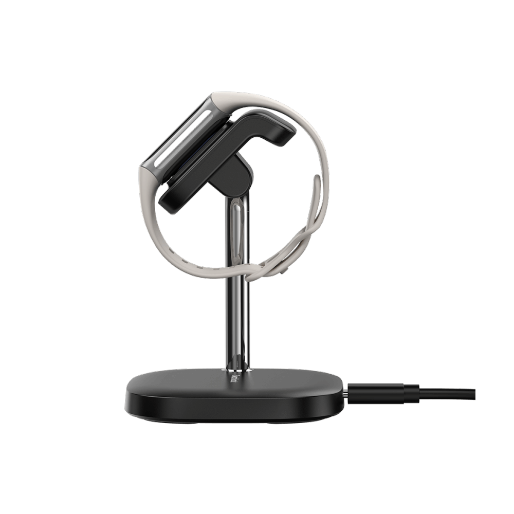 Side view of SwanScout 505FC charging a Fitbit Luxe, highlighting the 0–45 degree adjustable range for an optimal viewing angle.