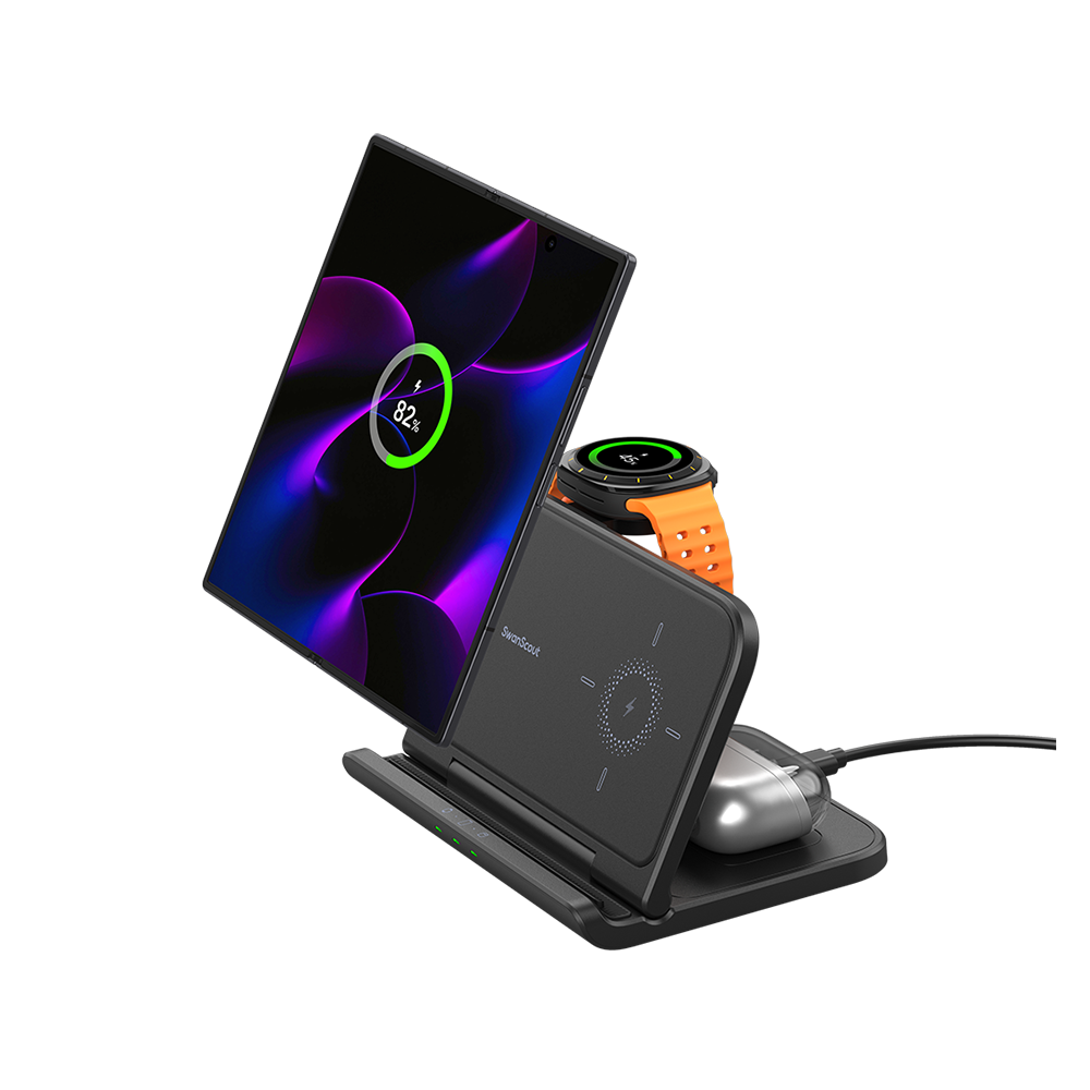 SwanScout 705S 3-in-1 charger with a Galaxy Z Fold 6 unfolded mode, simultaneously charging Galaxy Watch 8 and Buds 3 Pro.