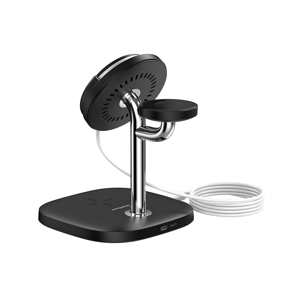 Rear-left view of the charging stand, emphasizing the 5W fast charging dock for Apple Watch Ultra 2 and Series 9/8/7.