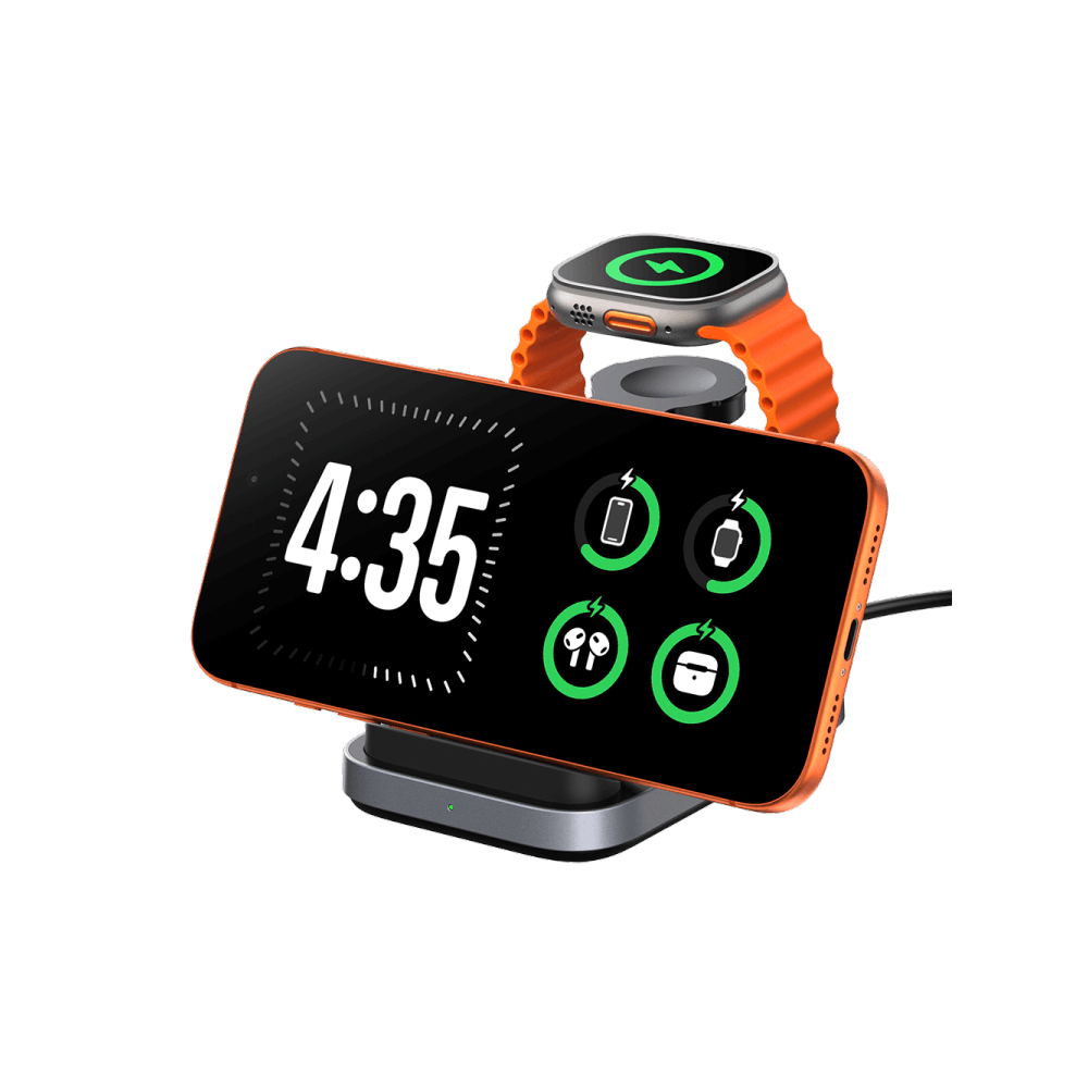 SwanScout 713A charging station powering an iPhone 17 in horizontal mode, Apple Watch 11, and AirPods 4 simultaneously.