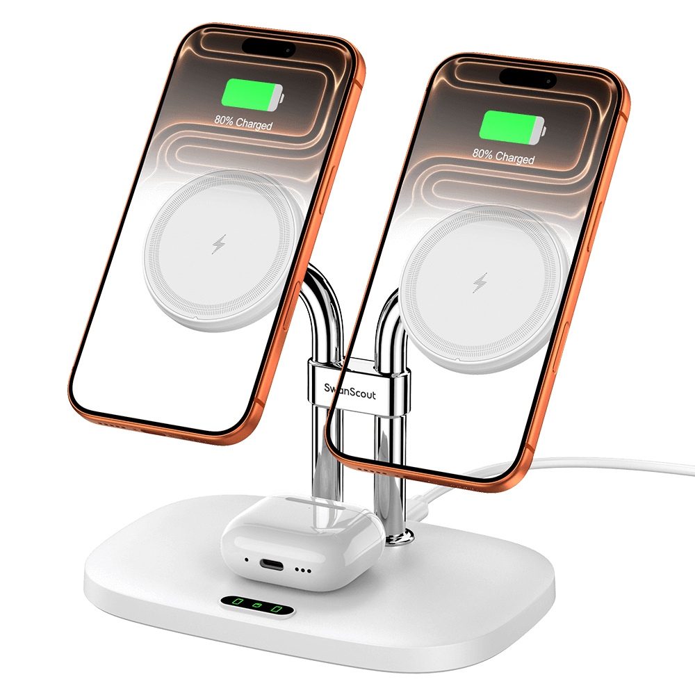 The SwanScout 706M is a magnetic dual phone wireless charger compatible with iPhone 12 and later models.