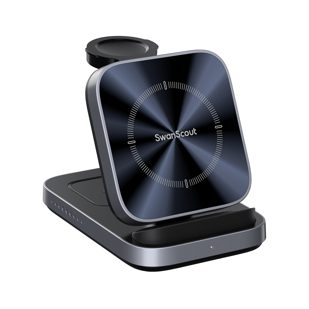Tech-gray SwanScout 713F wireless charger with elegant CD-pattern finish for modern aesthetics.