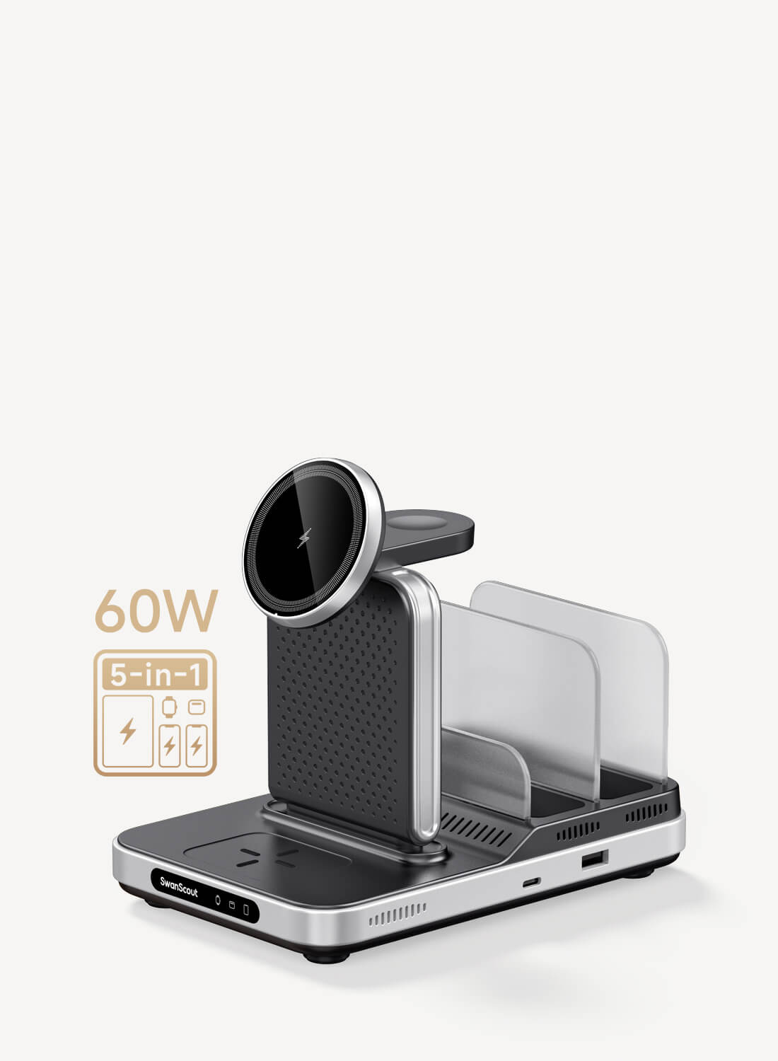 As an efficient iPhone watch charger, SwanScout 901M charges 5 devices simultaneously without the need for tangled cables.