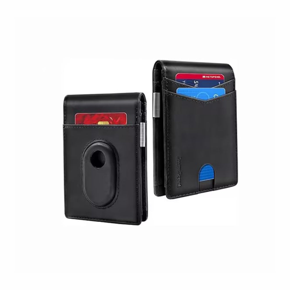 Sleek black SwanScout 105S wallet with an integrated secure slot for Samsung SmartTag2, combining modern style with advanced location tracking