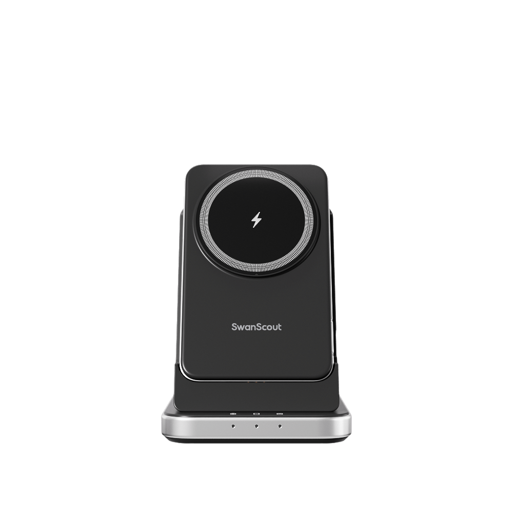 SwanScout 304M 3-in-1 magnetic Apple power bank with stand, fast charging for Apple Watch and iPhone, compact portable design