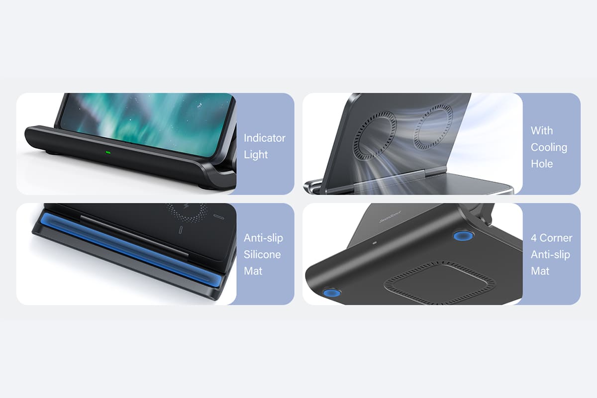 Charging indicator heat dissipation vents and anti-slip pads on the SwanScout 503S phone charger