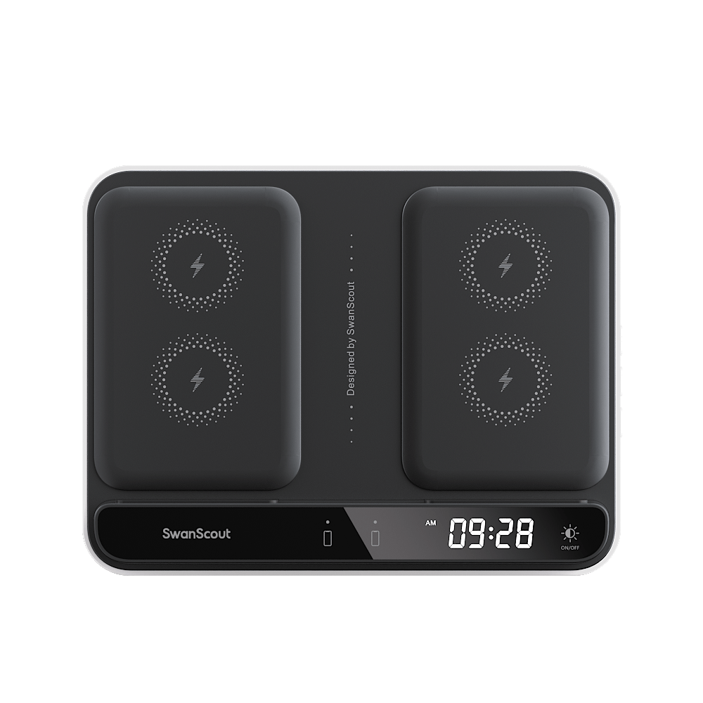 Front view of SwanScout 504 highlighting the wide Qi compatibility and dual 10W fast charging pads, each providing independent power for Samsung and iPhone