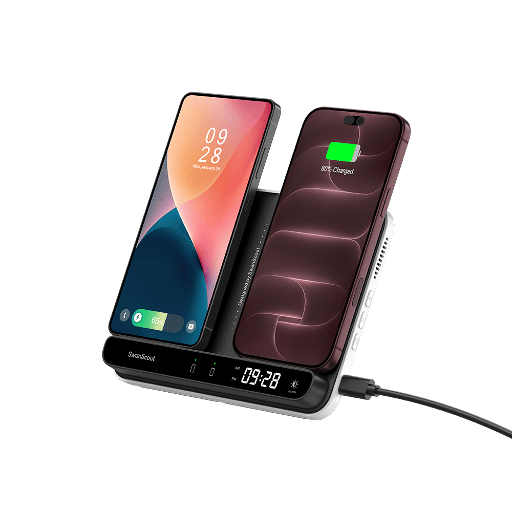 Foldable wireless charging station with LED clock charging iPhone 18 Pro and Galaxy S26 SwanScout 504