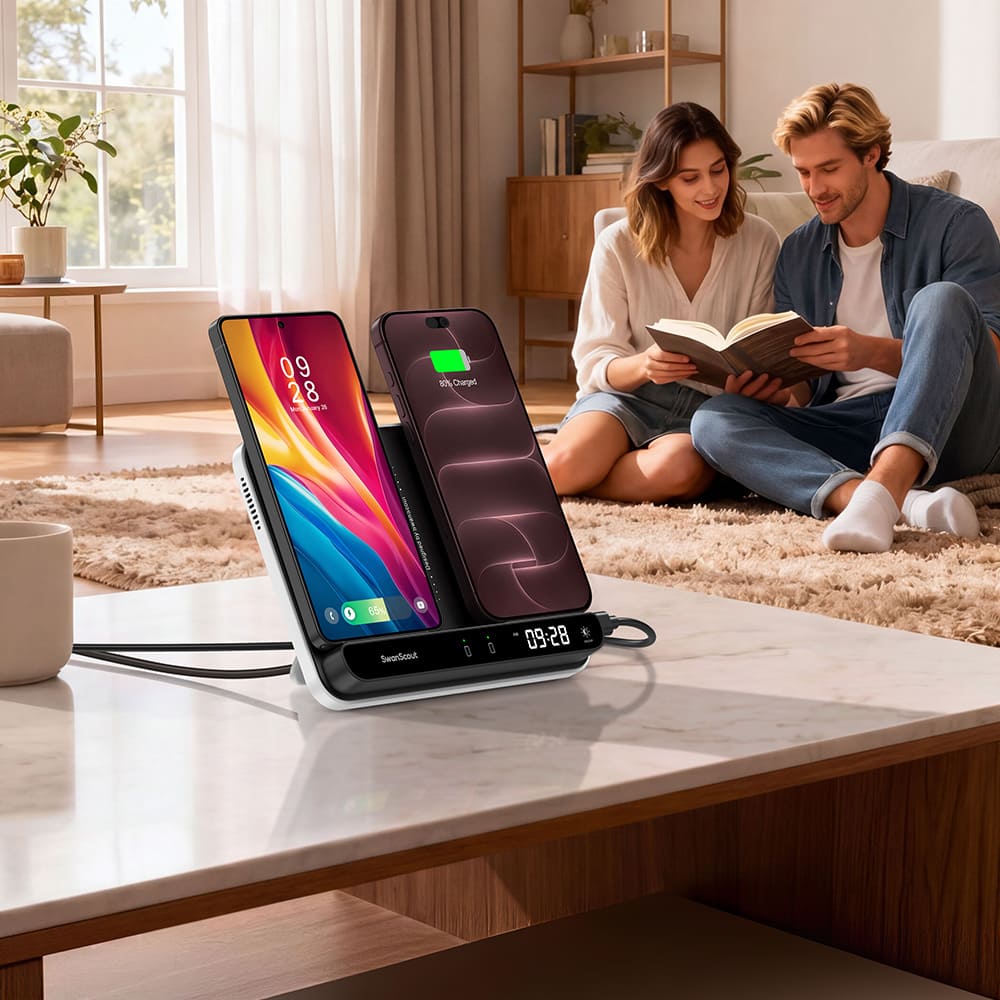 Dual phone wireless charger on a living room coffee table charging iPhone 18 Pro and Samsung Galaxy S26 SwanScout 504