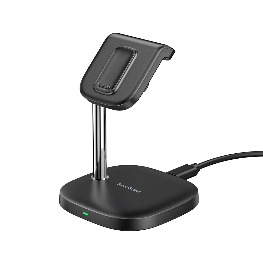 Front-left view of SwanScout 505FC station, which fully charges a Fitbit Charge 6 from 0% to 100% in just 1 hour and 59 minutes