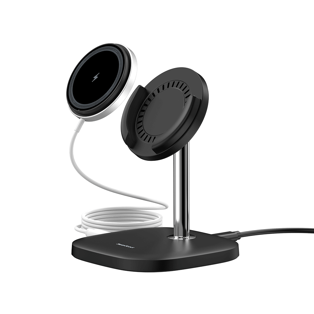 Front-right view of SwanScout 506M highlighting the 1.5m extension cable and 1m magnetic pad, totaling 2.5m for long-distance charging flexibility