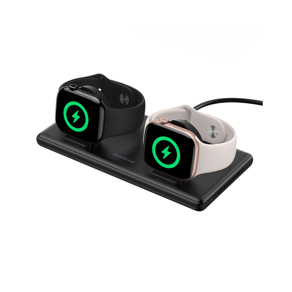 Front-right view of SwanScout 507DA delivering 5W fast charging to two Apple Watches, reaching 80% battery in 55 minutes