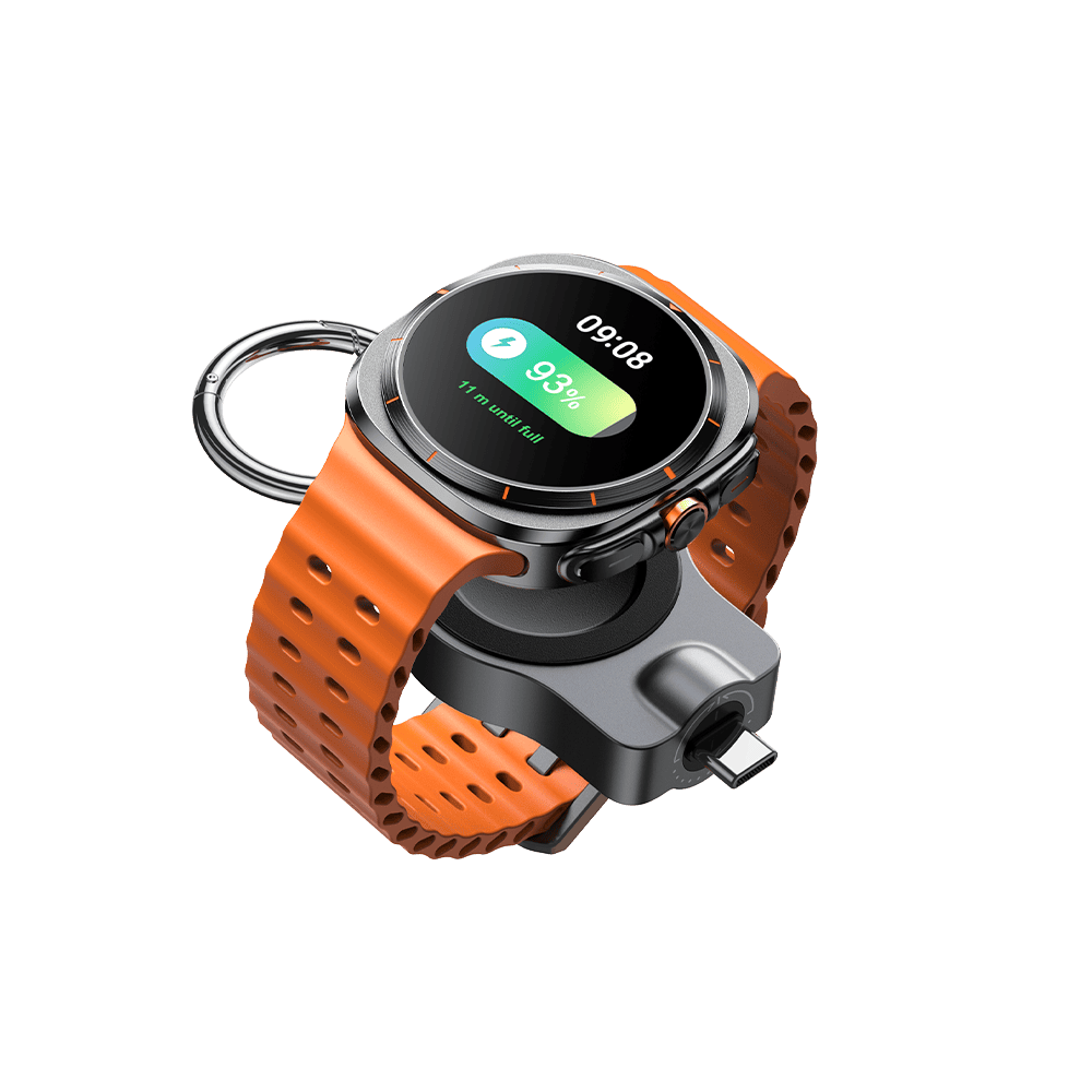 Portable Samsung Galaxy Watch travel charger right front view with Galaxy Watch SwanScout 510S