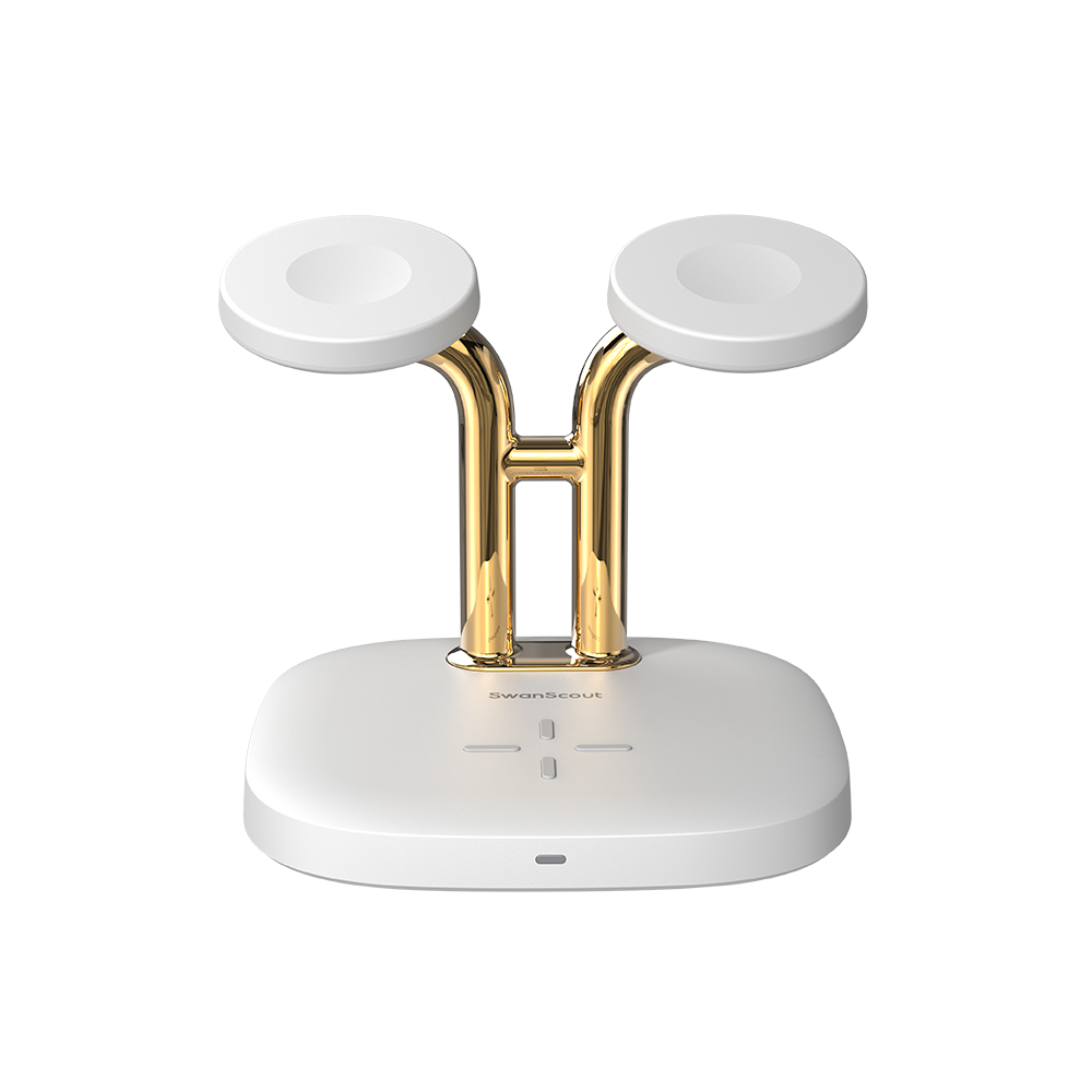 SwanScout 704A Dual Watch Wireless Charger for Apple in white and gold, showing side and back view of triple charging station