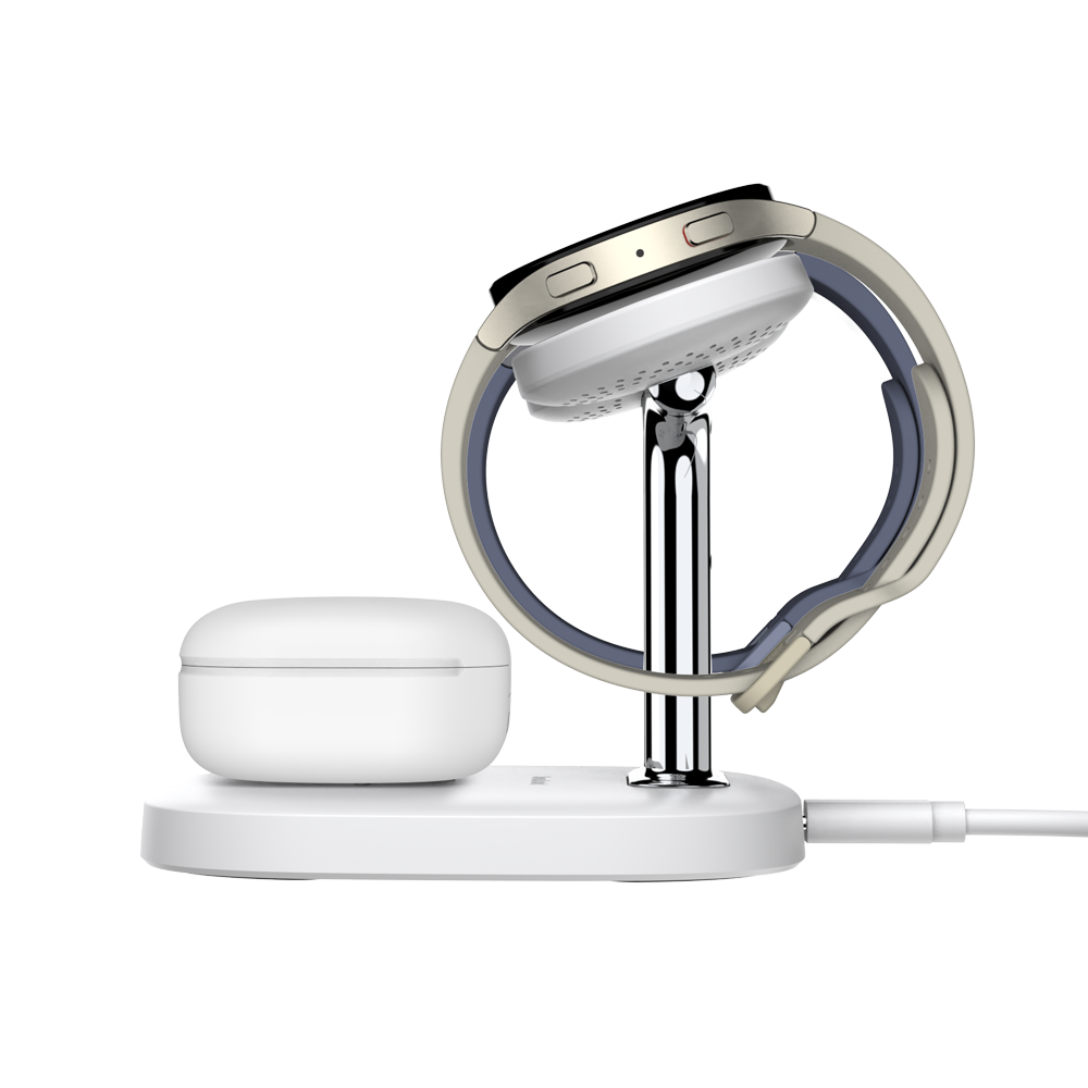 Side profile of the white SwanScout 704S, highlighting the dual magnetic charging spots for Galaxy Watch 6, 5, and 4 Classic with a slim footprint