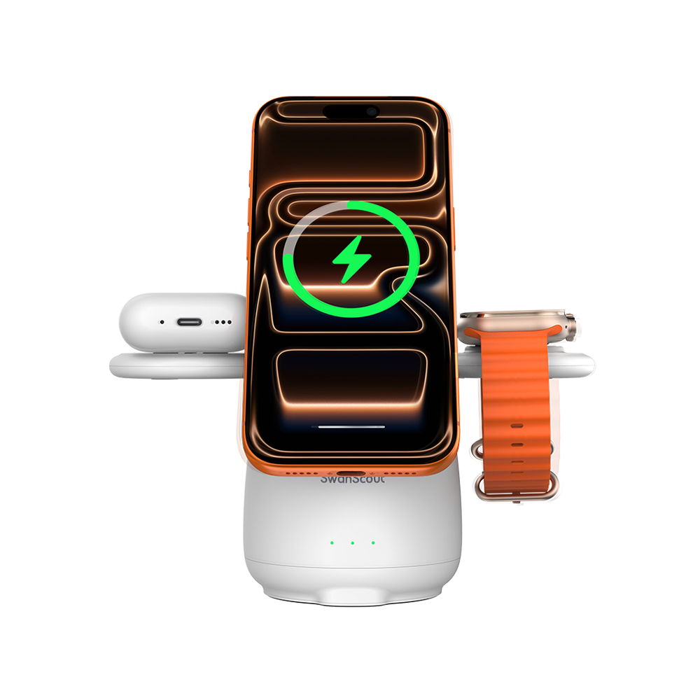 Front view of white SwanScout 707M showing an iPhone 16 in vertical mode, highlighting the N52 strong magnets and rounded compact design