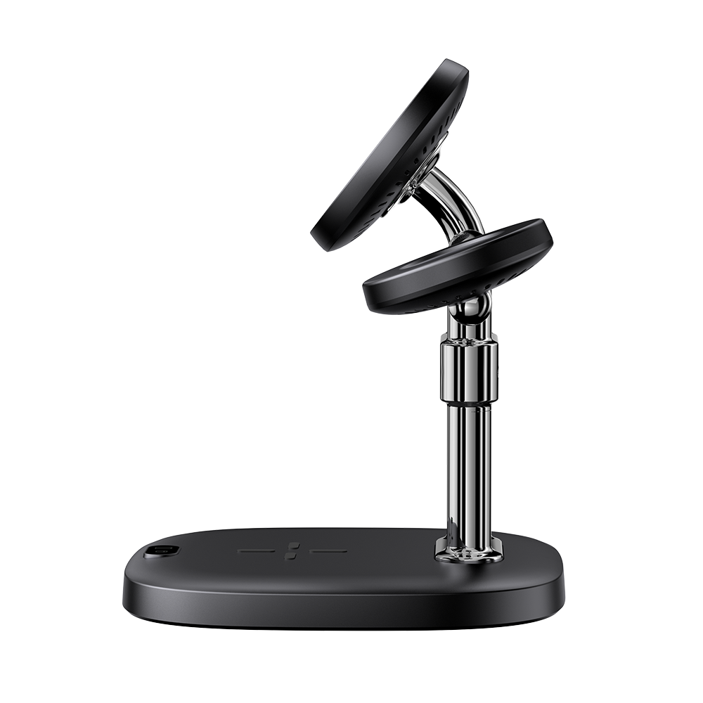 Side view of SwanScout 712M with iPhone in horizontal StandBy mode, highlighting the precise magnetic alignment and ergonomic viewing angle