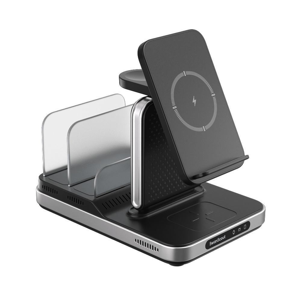 SwanScout 901S 5-in-1 wireless charger for Samsung, black and silver finish, shown from the left view on a study desk