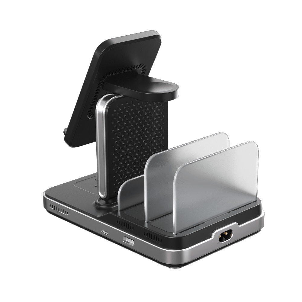 SwanScout 901S 5-in-1 wireless charger for Samsung with dual wired ports and heat dissipation design, shown from rear view.