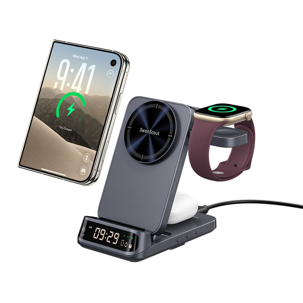 Wireless car charger powering iPhone Duo earbuds and watch with SwanScout S10025M