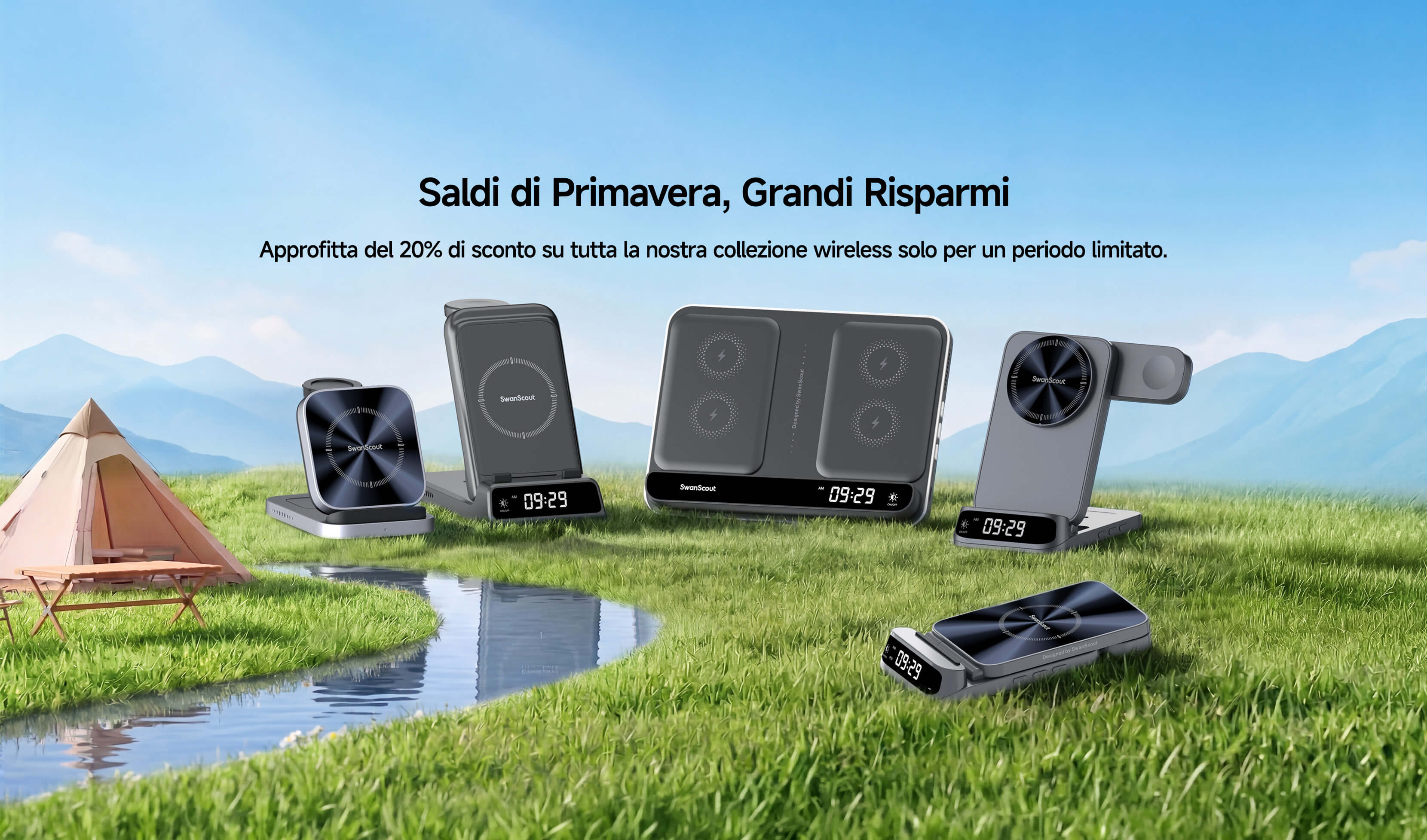 Promozione primavera 2026 SwanScout con stazioni di ricarica wireless in un paesaggio naturale con prato e fiume