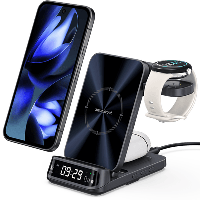 SwanScout 708G2 is a 3-in-1 wireless charger in elegant gray, compatible with Google Pixel Watch 2 and 3, ideal for phone, watch, and earbuds.