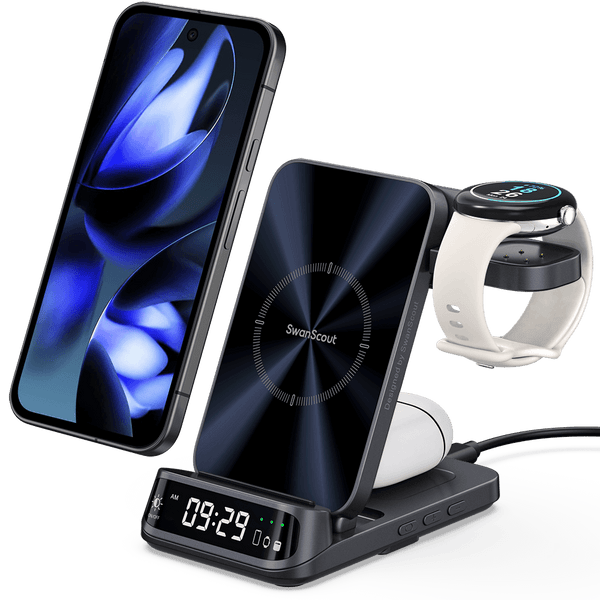 SwanScout 708G2 is a 3-in-1 wireless charger in elegant gray, compatible with Google Pixel Watch 2 and 3, ideal for phone, watch, and earbuds.