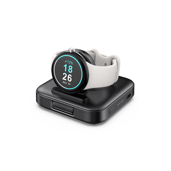 SwanScout 303G 1800mAh portable power bank charging Google Pixel Watch 1, magnetic wireless charging stand for travel