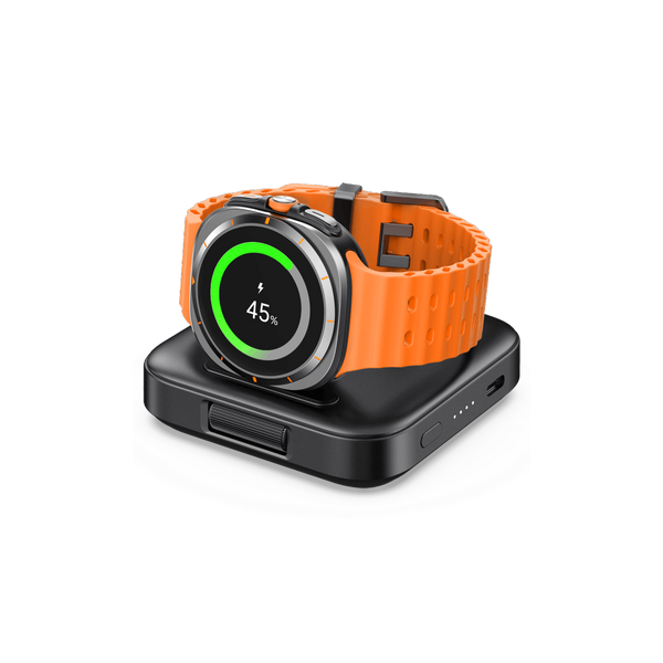 SwanScout 303S 1800mAh portable power bank charging Samsung Galaxy Watch, compact charging stand for travel