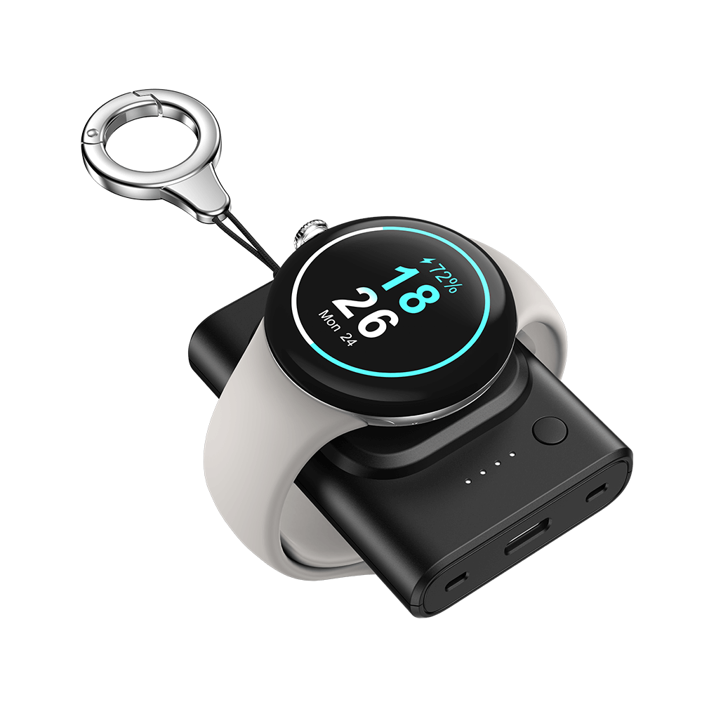 SwanScout 305G2 portable power bank charging a Google Pixel Watch 3, featuring magnetic auto-alignment for a stable connection.