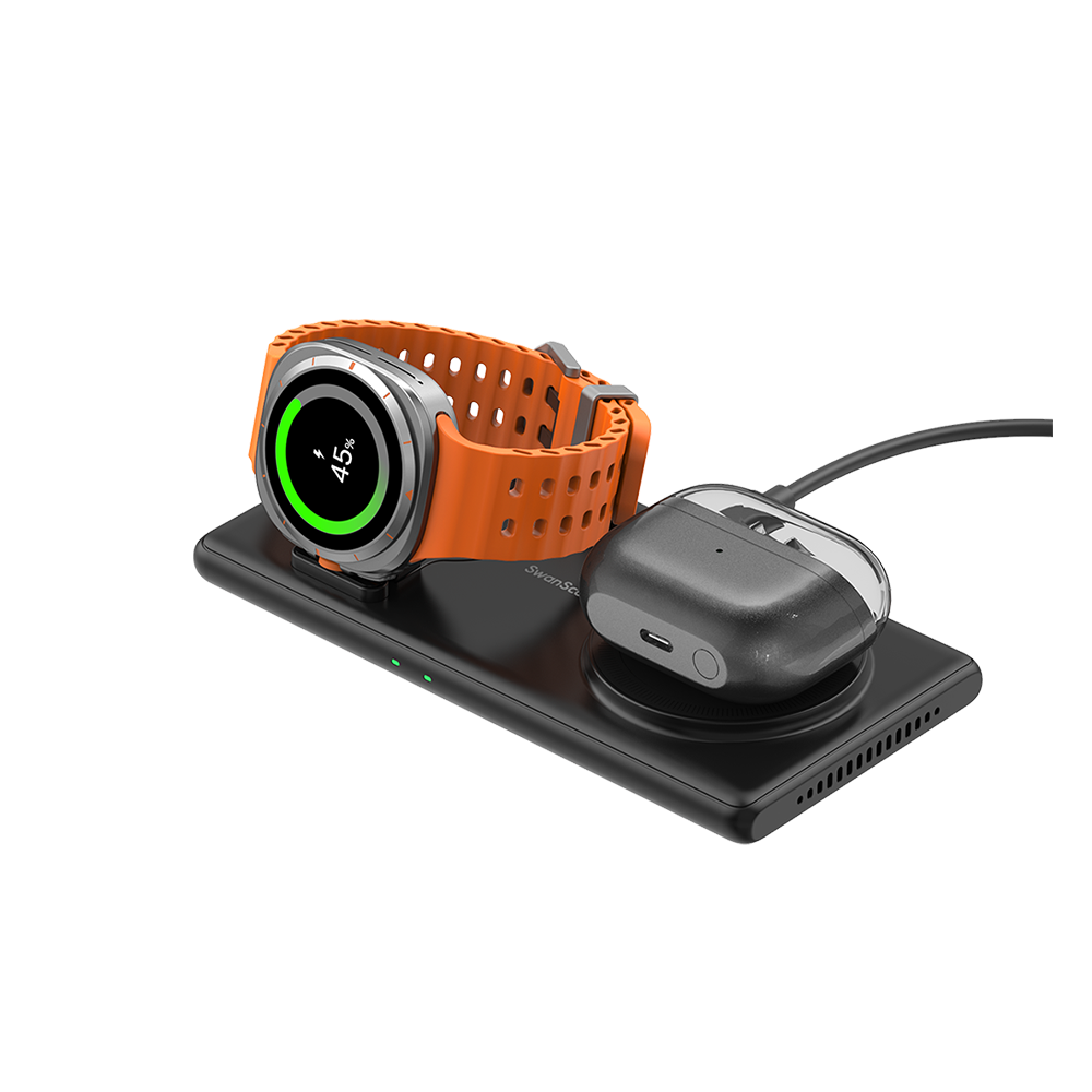 SwanScout 502S 2-in-1 wireless charger for Galaxy Watch and Galaxy Buds, compact foldable design for desk or travel use