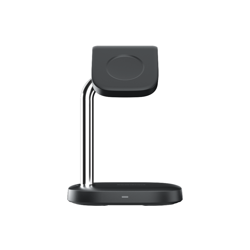Front view of the SwanScout 505S charging dock, delivering 3W power to Galaxy Watch 7 with a heavy weighted base for enhanced stability.