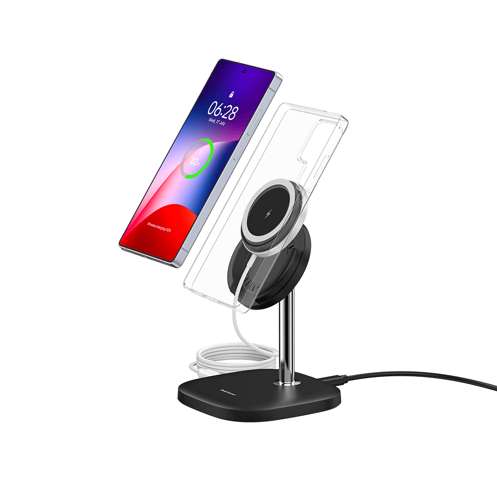 A Samsung phone with magnetic case on a charging stand