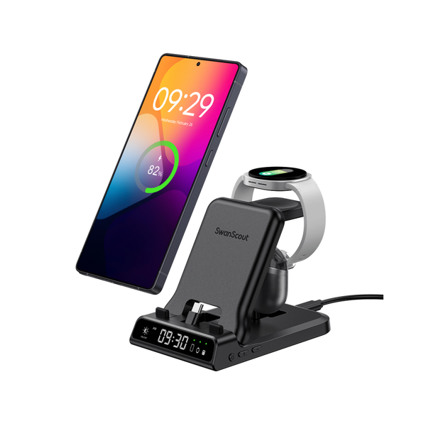 Experience seamless charging with SwanScout 701S, a powerful 3-in-1 station that fast charges your Samsung phone, watch, and earbuds simultaneously with a built-in digital clock.