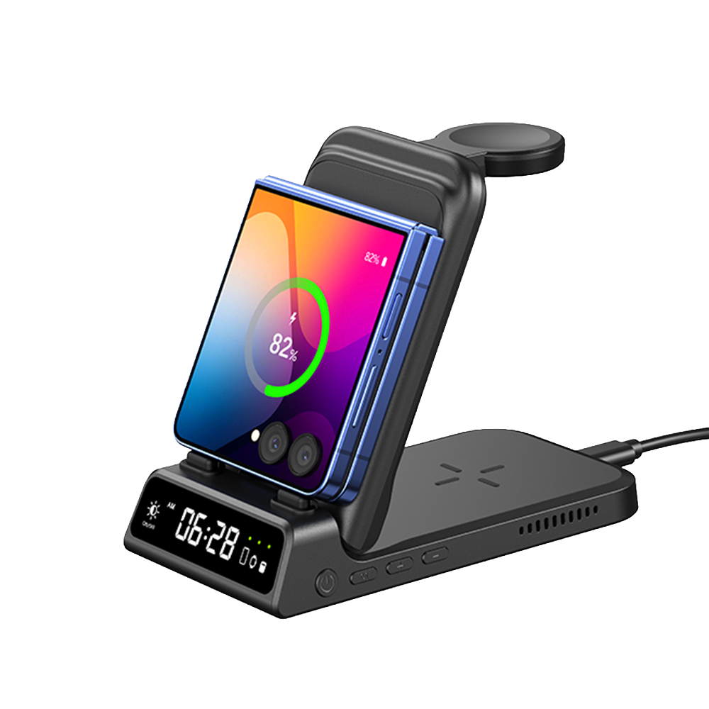 SwanScout 703F with the charging arm adjusted for a Samsung Galaxy Z Flip 6, offering 0–70 degree flexibility for the ideal viewing angle.