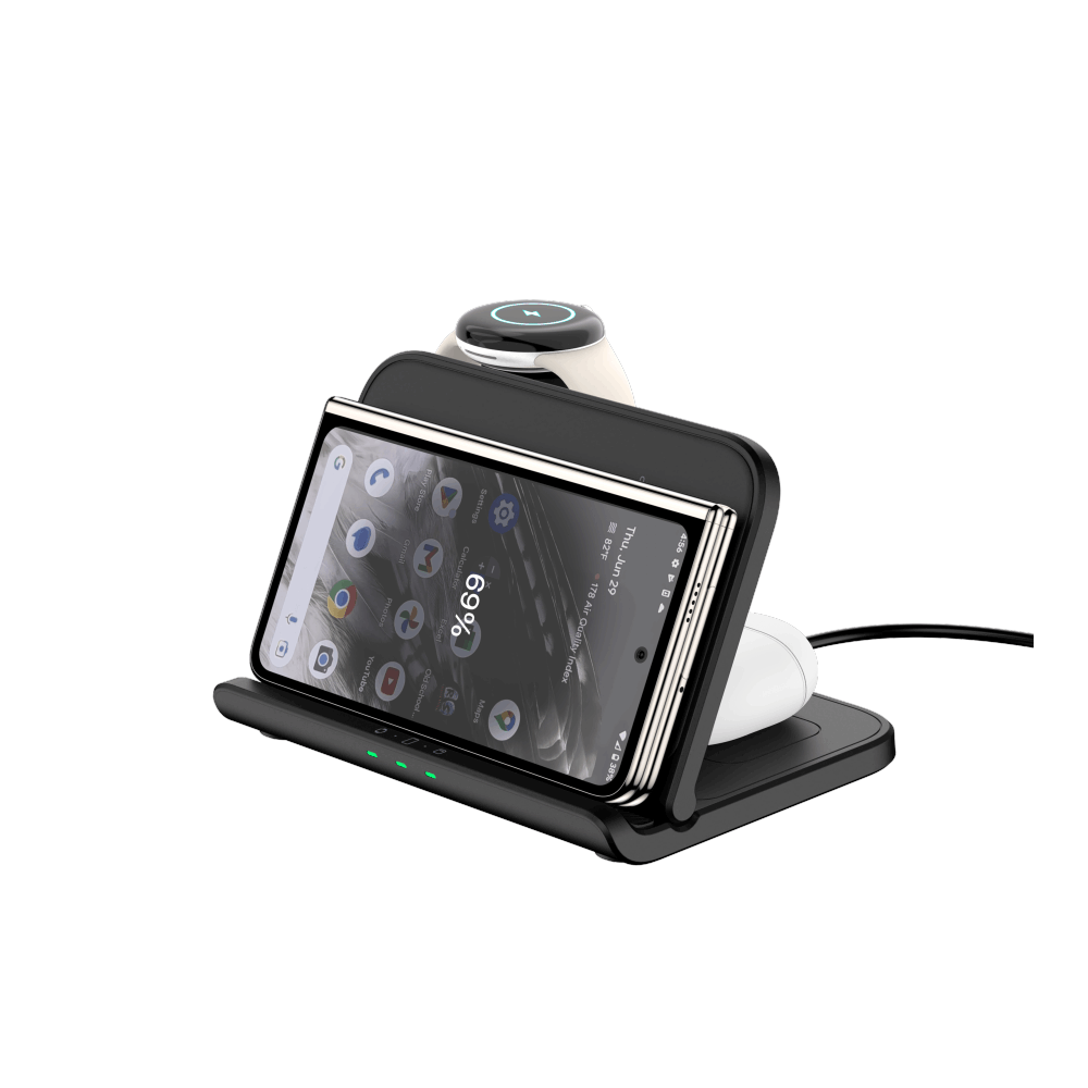 Google Pixel 9 Pro Fold placed horizontally on the SwanScout 705G, utilizing the 25W fast wireless charging for cinematic viewing or standby mode.