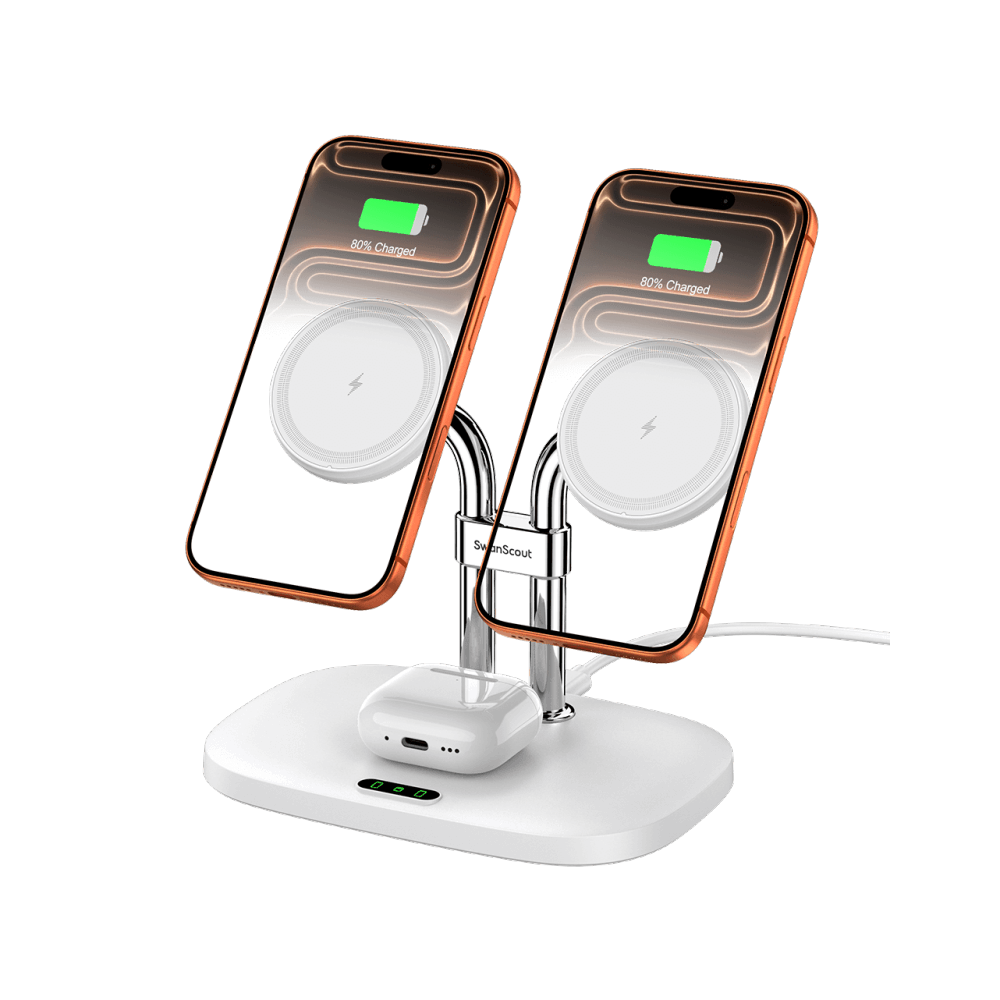 White SwanScout 706M magnetic wireless charger, supporting dual iPhone 16/15 series charging with an integrated 3.5W earbuds pad.