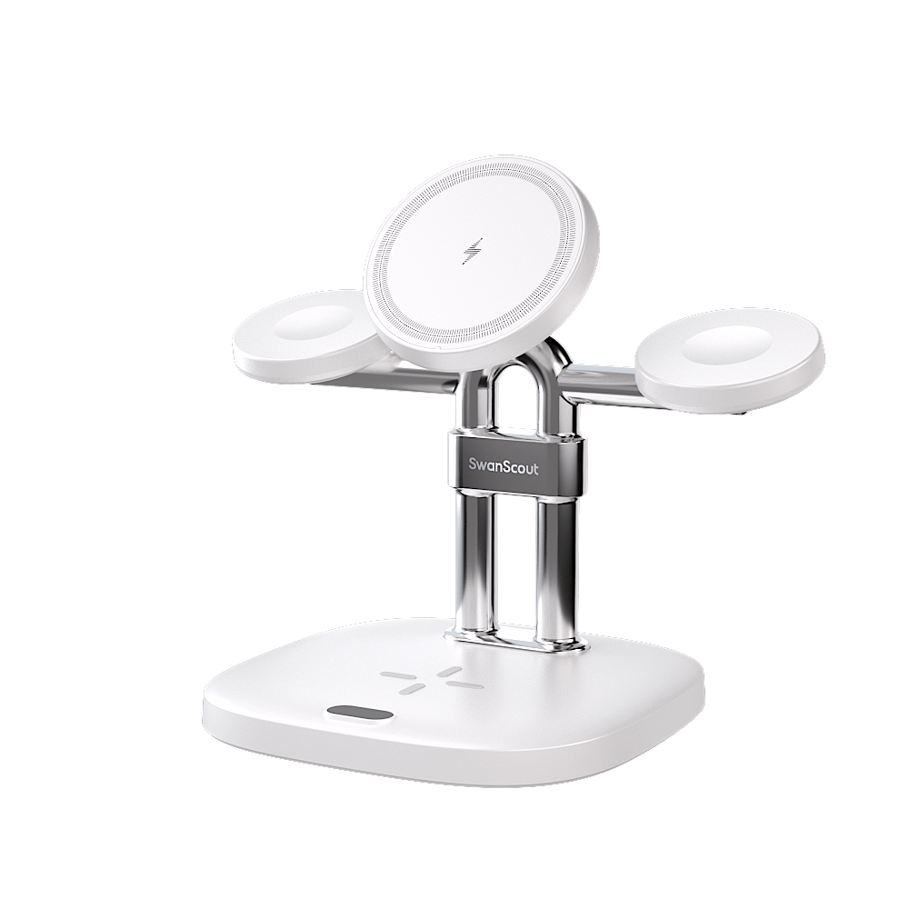Main view of the white SwanScout 709M 4-in-1 portable charging stand, designed for organized multi-device charging at home or office.