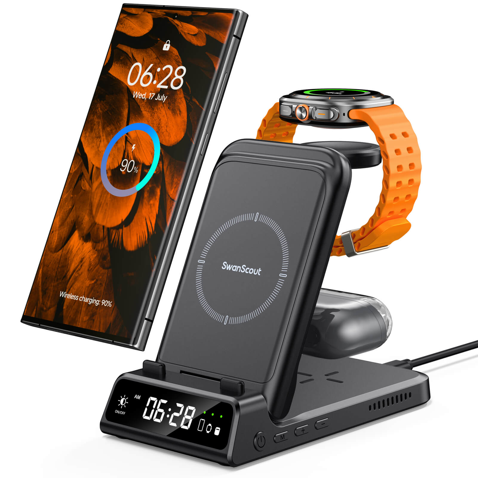 SwanScout 703S – 3 v 1 bezdrátová nabíječka pro Samsung s hodinami