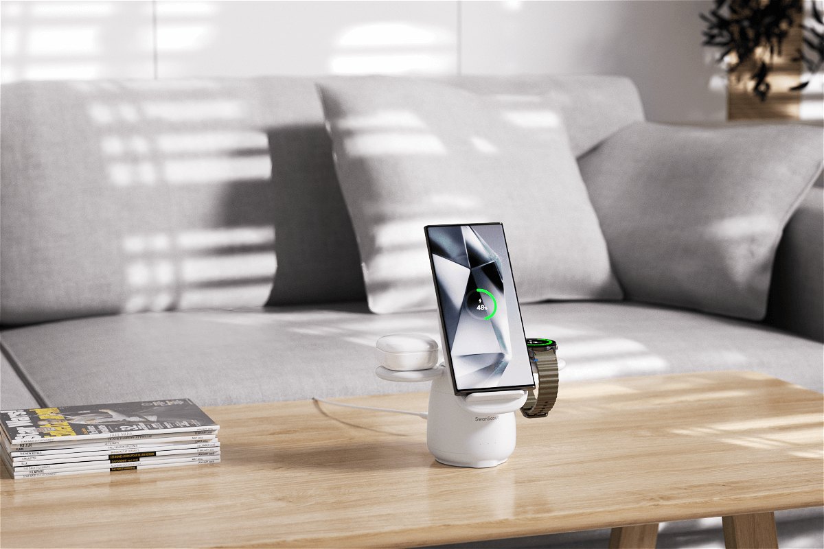 The SwanScout 707S offers a multifunctional 3-in-1 charging solution with a foldable design for convenient storage. It features a stable base for reliable charging, a clear indicator light to display charging status, and a built-in phone stand for versatile use.