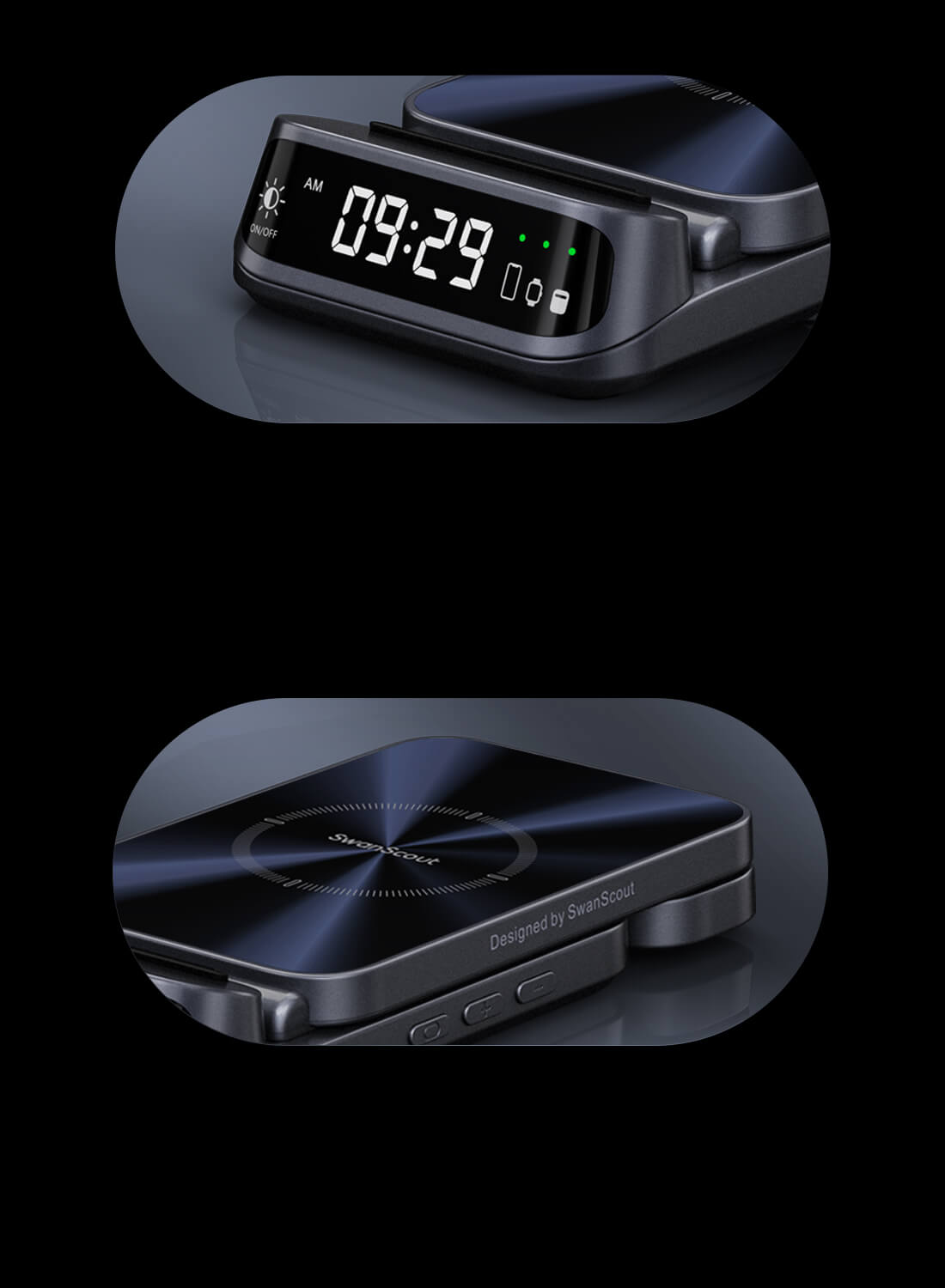 Curved clock display and UV texture on SwanScout 708S highlighting its elegant, high-end finish