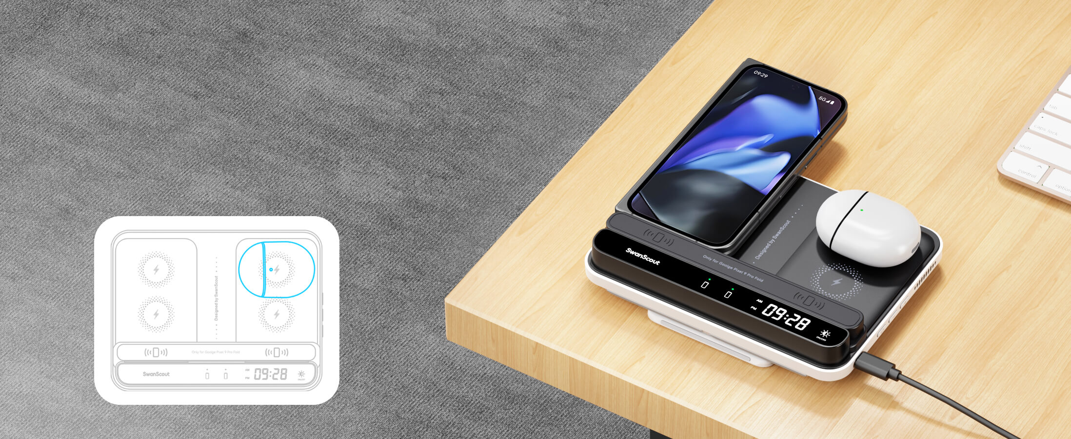 The SwanScout 710FG2 supports the Pixel 9 Pro charger function wirelessly, eliminating the need for multiple cables.